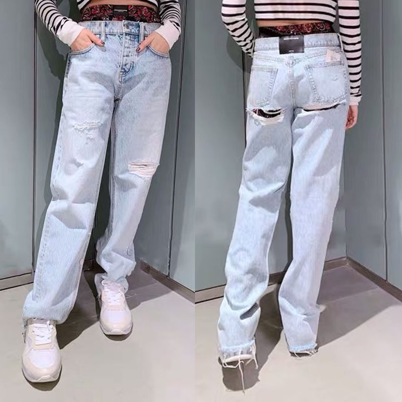 

2020 Spring Summer Women Shredded Fake Two Straight Denim Trousers Hole Light Blue Shredded Jeans A2, As pic