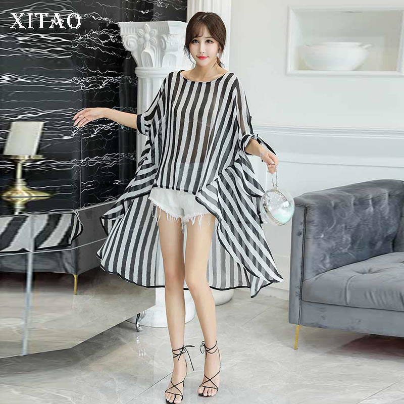

XITAO Korean Style Striped Casual Loose Black Half Asymmetrical Chiffon Shirt 2020 Summer Fashion Europe Women Blouses DMY3994, Black dmy3994