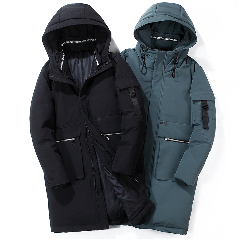 

Winter Men Long section Letter print Thick warm windproof down jacket thick Hooded White duck down parkas Outwear Cargo coat, Gray