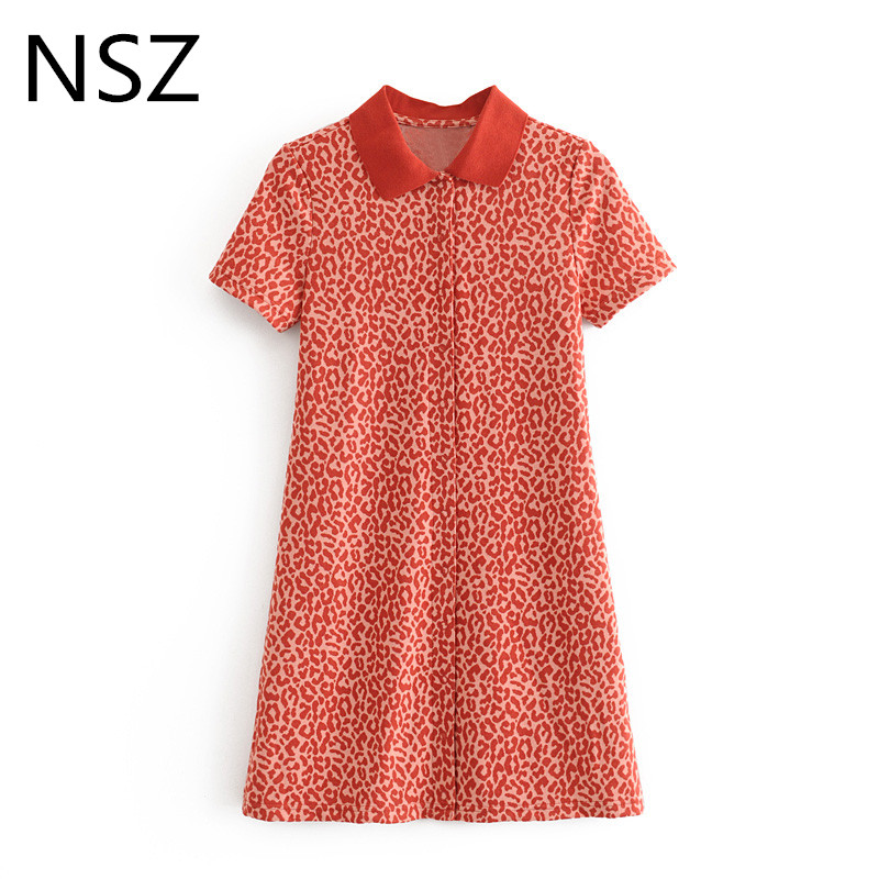 

NSZ women leopard dress summer 2020 short sleeve button t-shirt dress multiway knitted shirt korea fashion sundress, Red