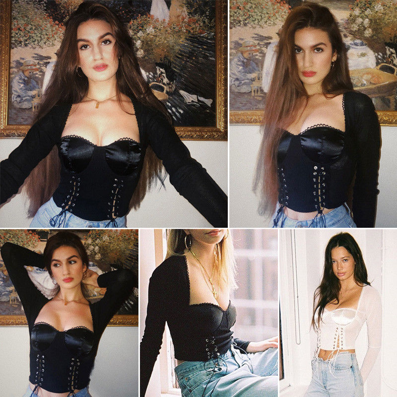 

Fashion Womens Sexy Gothic Punk Ctop Top Lace up Bralette tassels Tee shirt femme debardeur Ladies Party T shirt tunique femme, White