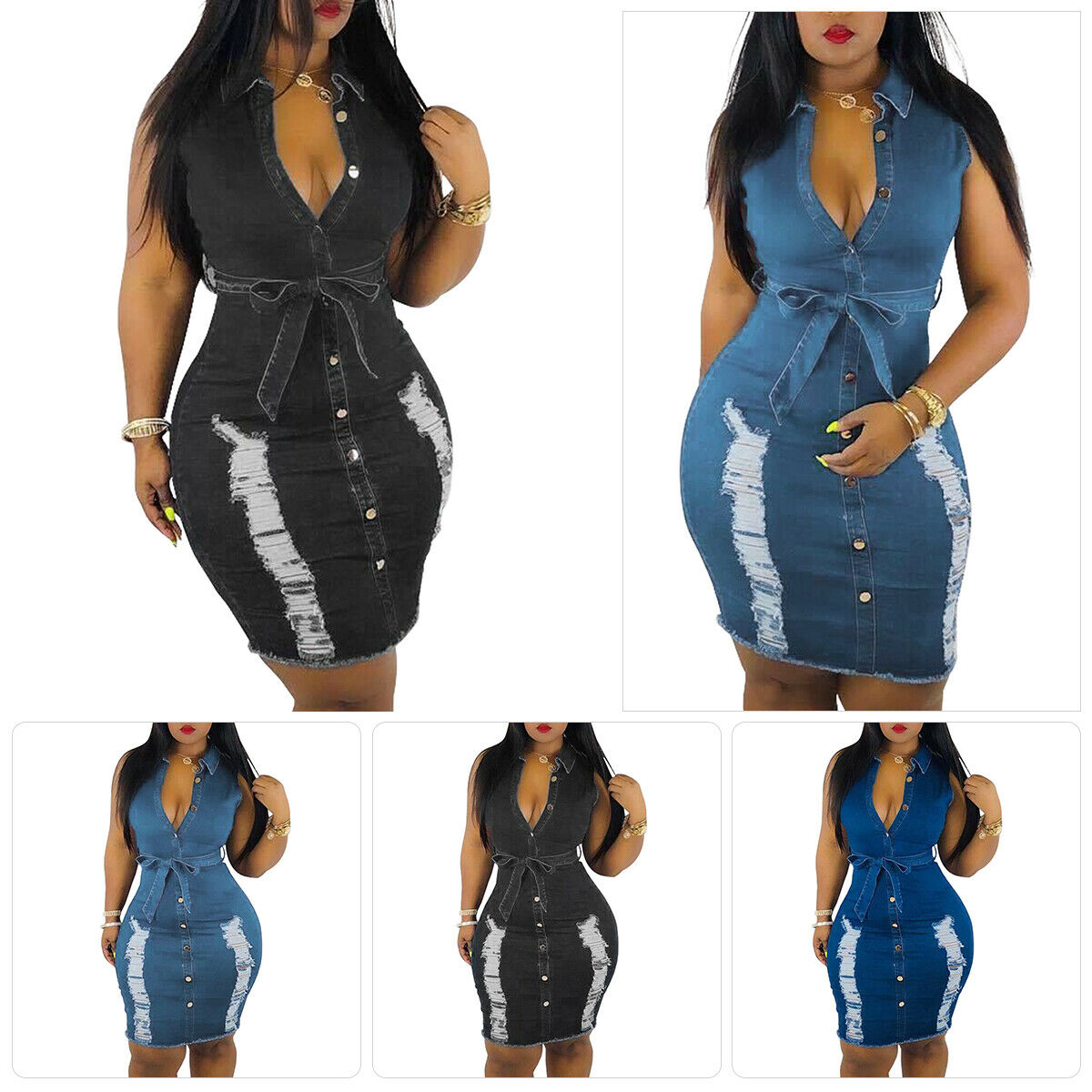 

4600# 3 Colour S-XXXL Plus Size Women V Neck Jeans Denim Ripped Hole Waistband Slim Mini Shirt Dress, Black