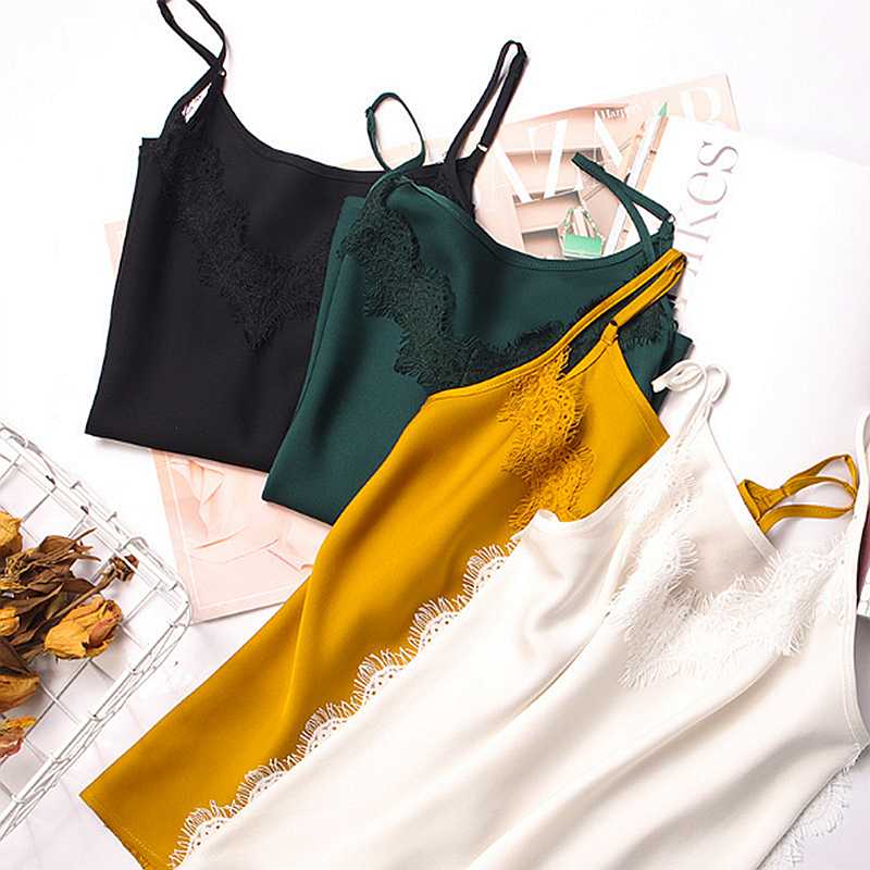 

100% Silk Tank Top Women High Quality Fabric Shoulder Strap Adjustable Length Lace 4 Colors Casual Basic Clothing Fashion, As picture