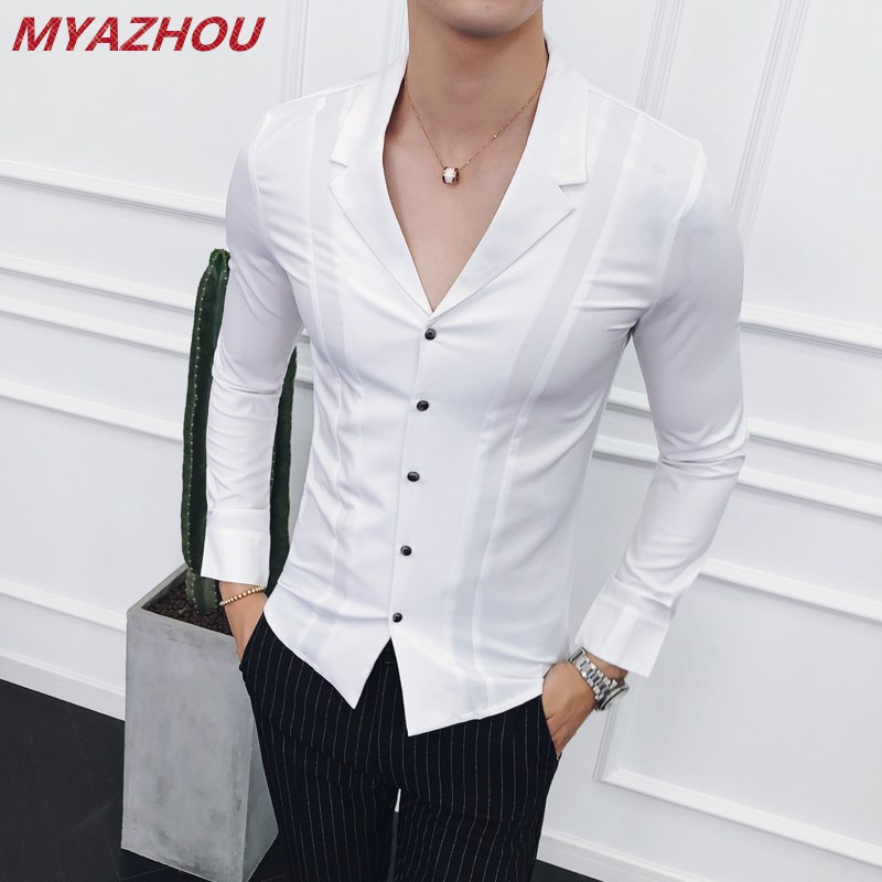 

Tide brand fashion suit collar men's shirt 2019 new England business casual shirt solid color Slim party club long-sleeved, Black
