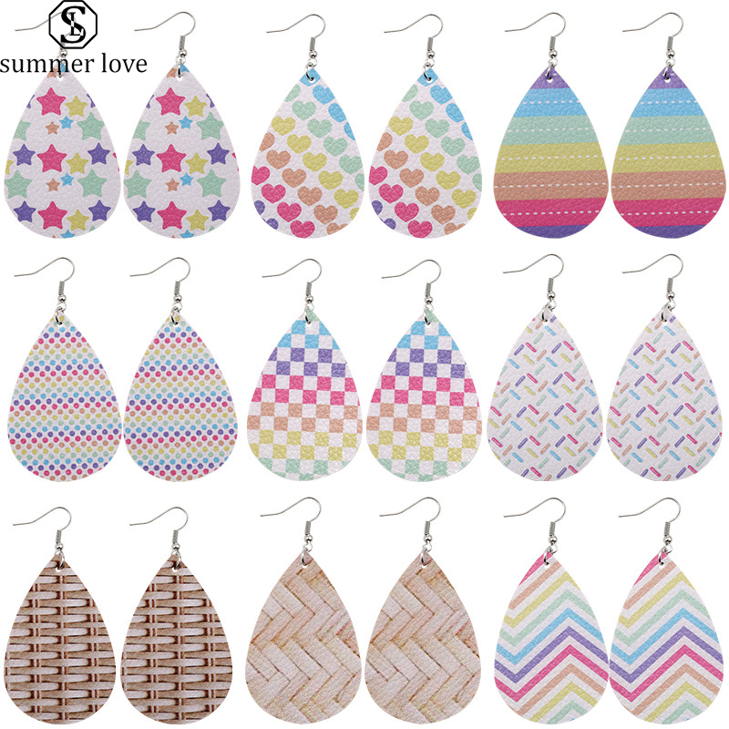 

Design Rainbow Leather Earrings Geometry Plaid Heart Pattern Water Drop Earrings Star Lattice Teardrop Earring for Women Christmas Jewelry