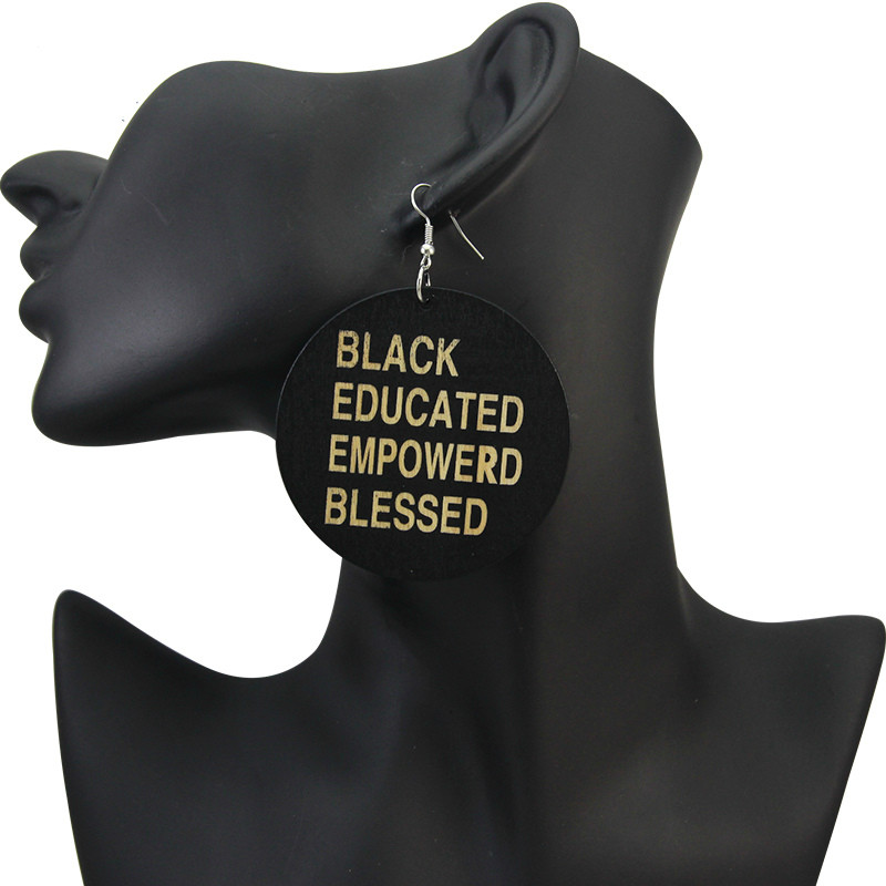 AprilGrass Brand Carved Black Sayings Wooden Drop Earrings Educated Empowered Blessed Women Lives Matter Fit Africans Indians Americans-image-547205596