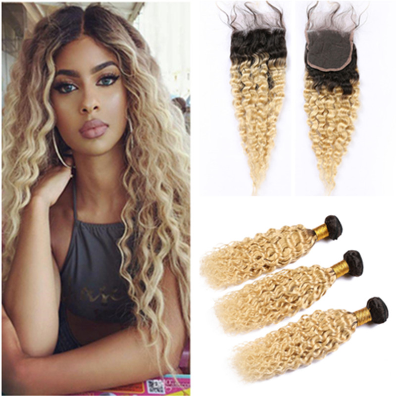 

Wet and Wavy Ombre Blonde Human Hair Lace Closure 4x4 with Bundles #1b 613 Ombre Peruvian Water Wave Hair Weaves 3Bundles with Closure