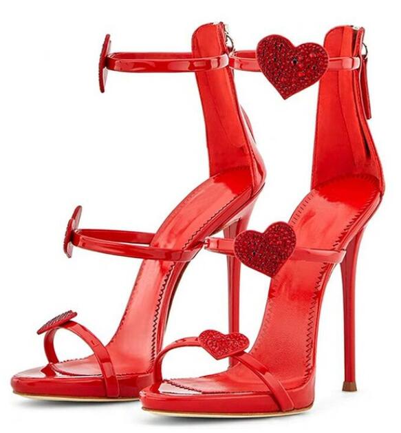 

2019 Newest Rhinestone Heart Gladiator Sandals Woman Open Toe Narrow Band High Heel Shoes Women Sexy Party Shoes, Red