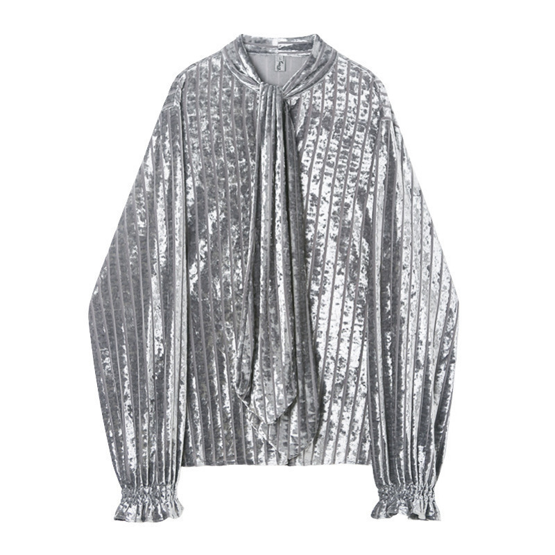 

EWQ / men's wear 2020 Spring tide Vintage Men's Velvet Necktie Shirt Women Long Sleeve Loose Pullover Shirt Men Blouse HD719, Gray