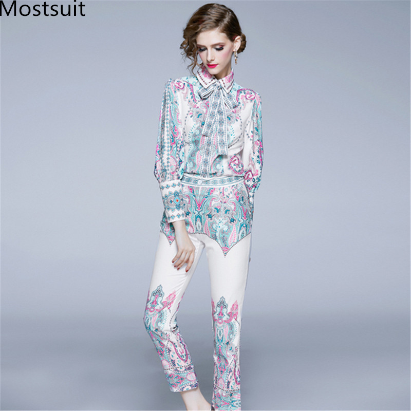 

Runway Fashion Designer Printed 2 Piece Sets Outfits Women Long Sleeve Bow Shirt + Pencil Pants Suits Vintage Elegant Sets Femme, Picture color