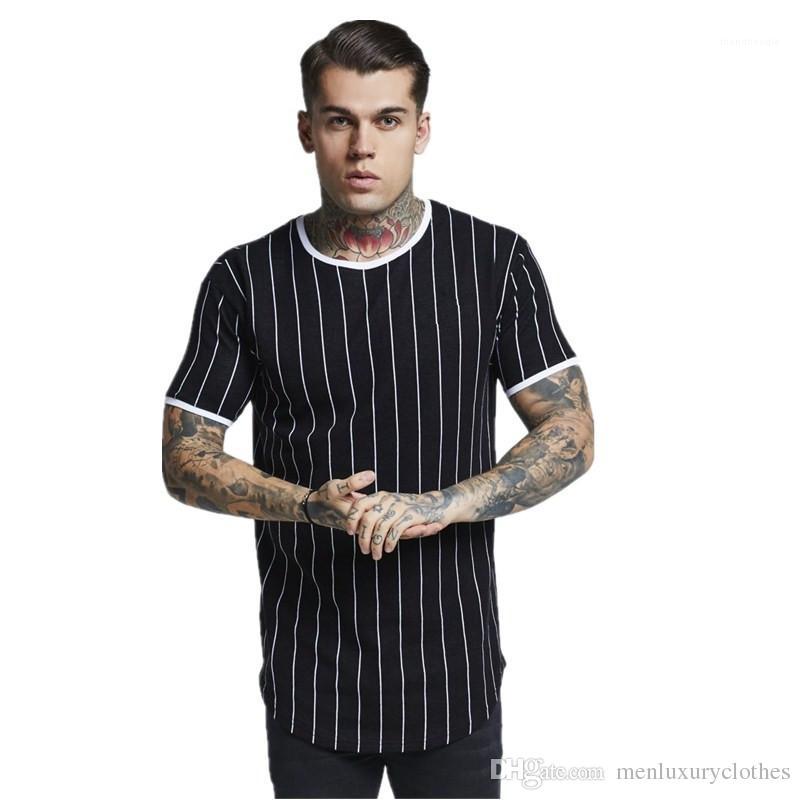 Cotton Striped Long Tshirt Summer Black Dark Green Longline Short Sleeved Tops Tees Mens
