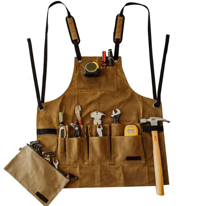 

Apron Collector Canvas Oil Wax Cloth Multiple Pockets Tools Storage Apron Waterproof for BBQ Men can CSV