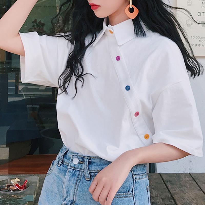 

Harajuku Simple Shirts Women vintage Color Button Tops New Fashion Ladies Turndown Collar Half Sleeve Loose Shirts Blouses, Black