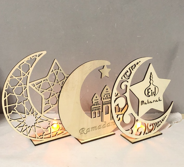 

Led Wooden Eid Mubarak Plaque Castle Moon Star Ramadan Ornament Muslim Festivals Home Table Decor Stable Smooth Pendant