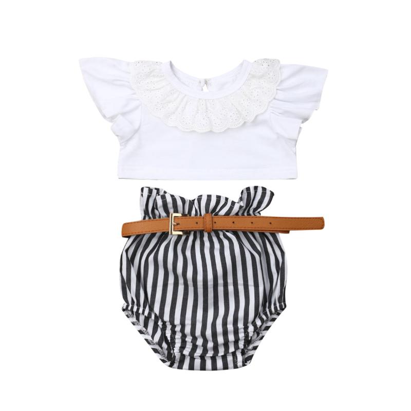 

Summer Style Kids Short Sleeve Crop Tops+Striped Shorts+Belt Children O-neck Clothing Suit With Belt 3Pcs, As pic