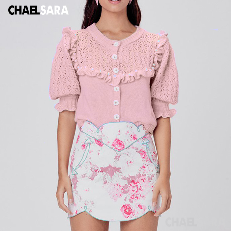 

2020 New Summer Sexy Hollow Out Knitted Shirts Women Short Sleeve Ruffles Casual Lady Tops Ladies Sweater Cardigan, Beige