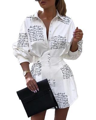 

Sexy Turn-Down Collar Button Shirt Dress Women Autumn Letter Print Long Sleeve Mini Dress Elegant Ladies Office Dress