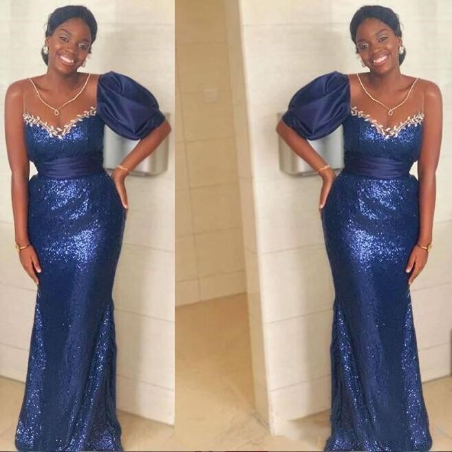 

Arfrica Style Mermaid Prom Dresses Aso Ebi One Shoulder Sequined Custom Made Short Sleeve Formal Evening Dresses, Chocolate