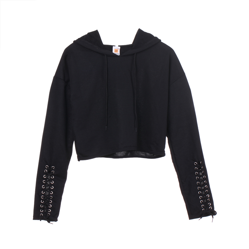 

2 Colors Cropped Women Hoodie Sweatshirt 2017 Autumn High Street Style Casual Short Pullover Lace-up Sleeves Hoodies, Black