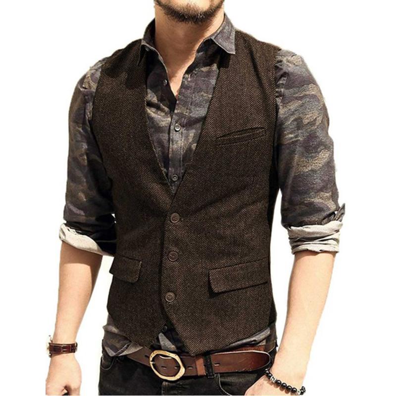 

Wool Herringbone Men's Suit Vest V Neck Tweed Casual Waistcoat Formal Business Vests Groomman For Green/Black/Brown/Coffee 2020