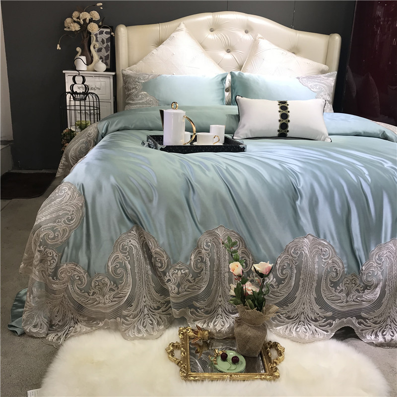 

Light blue Champagne Romantic Lace Embroidery 100S Silk Cotton Wedding Bedding Set Duvet Cover Bed sheet Pillowcases 4pcs