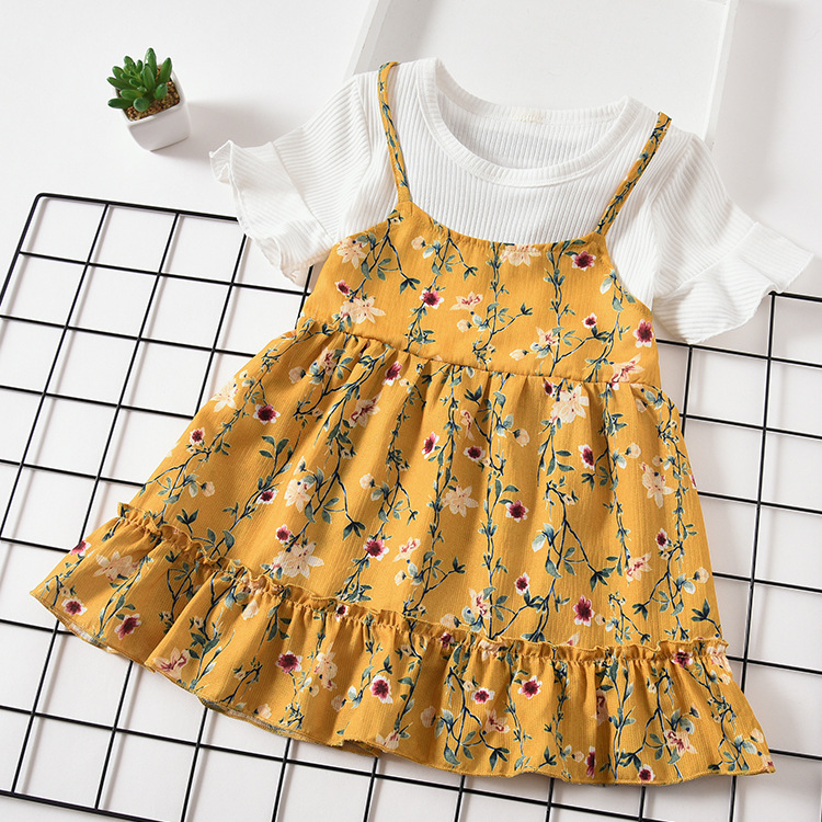

Baby Girl Cotton Dress Summer Short-sleeves Toddler Strap Princess Dresses Floral Clothes Children's Clothing 2 3 4 5 Years Old, Blue