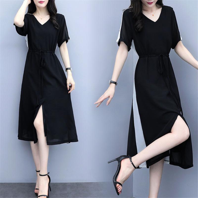 

4XL Korean Summer Dress Women's Vestidos Short Sleeve Midi Dresses Striped vestido Bodycon Dress Side Slit harajuku, As picture