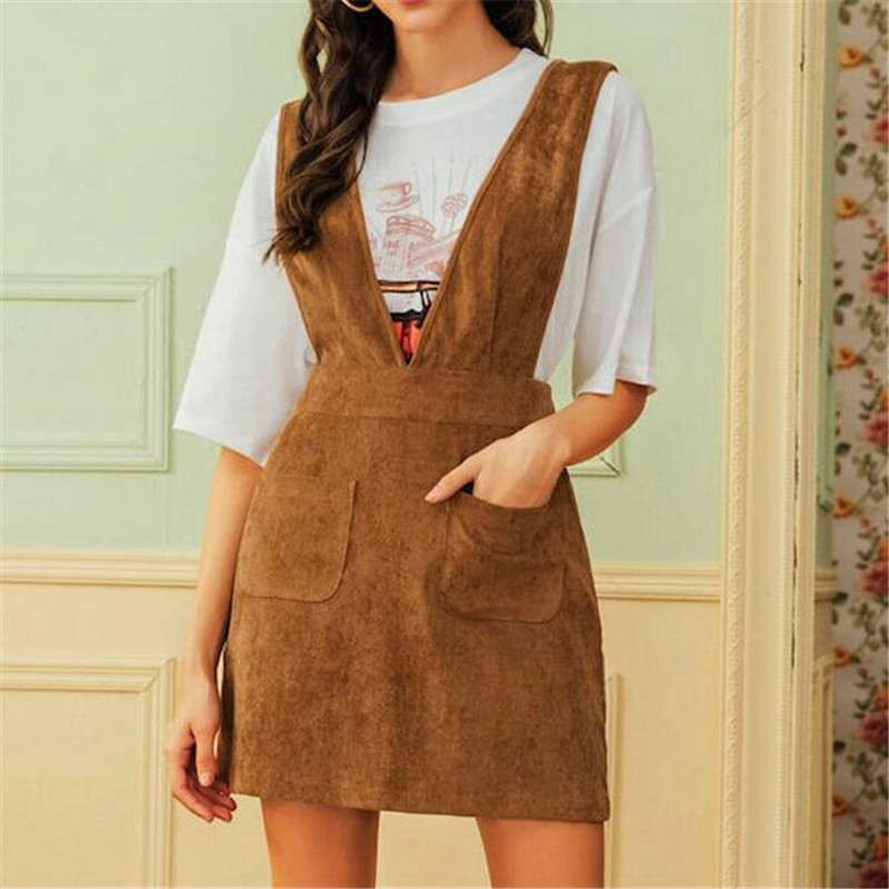 

Brand New Women's Corduroy Shoulder Straps Short Deep V Neck Suspender Braces Solid Pocket Sleeveless Autumn Mini Fashion 2019