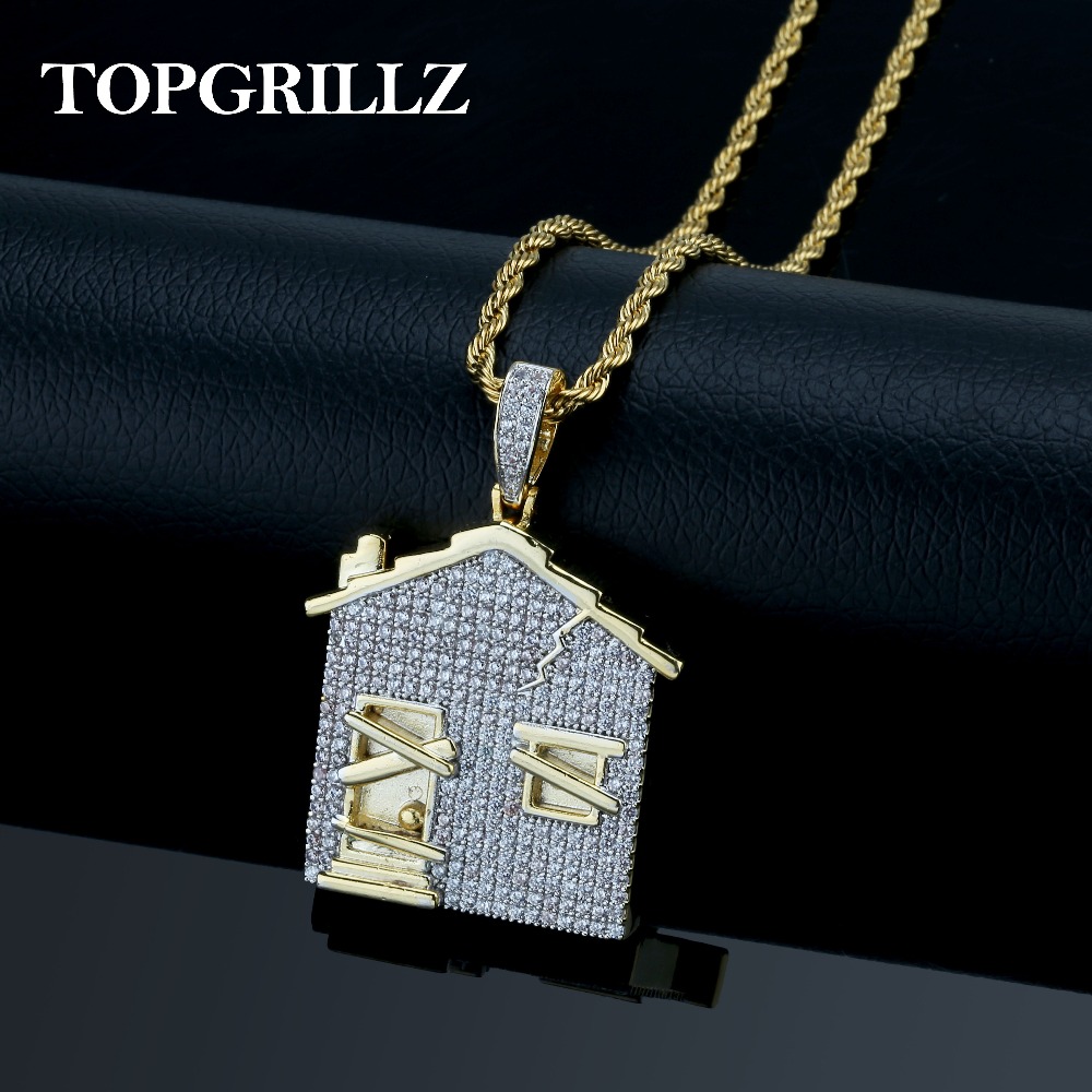 

TRAP House Pendant Necklace Men Iced Out Cubic Zirconia Chains Copper Material Hip Hop/Punk Gold Silver Color Charms Jewelry