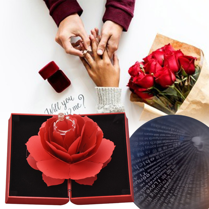 

Charm Rose Flower Gift Box Home Decoration With Charm High Quality Band Love Ring(100 language i love you) Best gift for friend, Rose box with ring