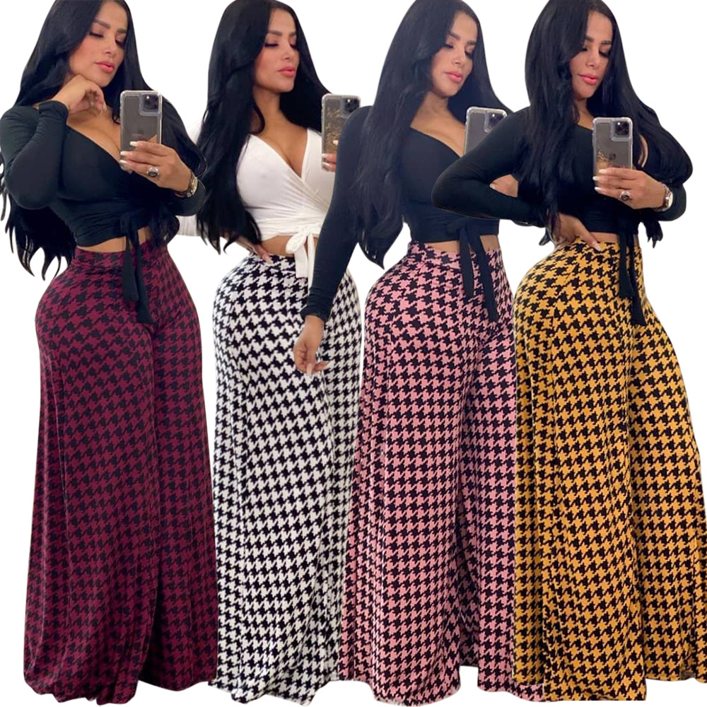 

Wide leg pants Europe and America Women High elasticity Multicolor Multicode Houndstooth printing Leisure Wide leg pants fashion Wild trouse, Red