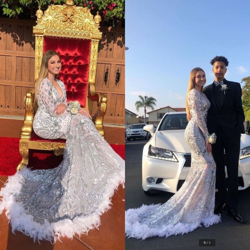 

2020 Modern Silver Sequin Feather Evening Dresses Long Sleeves Vintage V Neck Evening Gowns Mermaid Special Occasion Dress