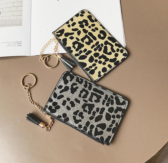 

DHL 100pcs Women PU Leopard Printing Card holder Tassel Keychain Card Purse