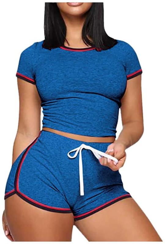 

Two Piece Pajamas Sets Women Casual Top Drawstring High Waist Shorts Summer Solid Loungewear Nightwear Sleepwear Female Pajama, Black