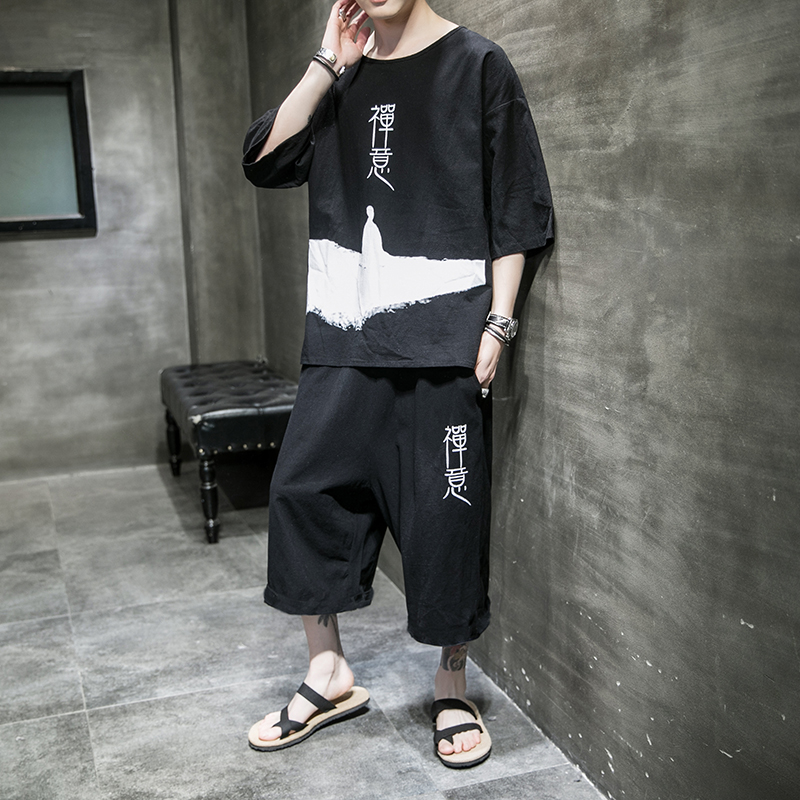 

Summer Chinese Zen print short sleeve T-shirt suit men's loose casual suit, Black