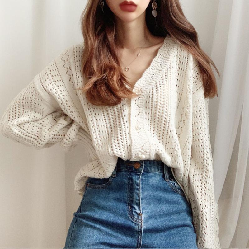 

Spring Autumn Vintage V Neck Knitted Cardigans Women Solid Color Hollow Out Single Breasted Sweaters Female Chic Loose Jumper, Green