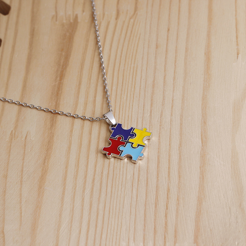 

30pc Enamel Colorful jigsaw puzzle pendant necklace Cartoon Kawaii Cubic friend autism awareness Lucky woman mother men's family gifts jewelry