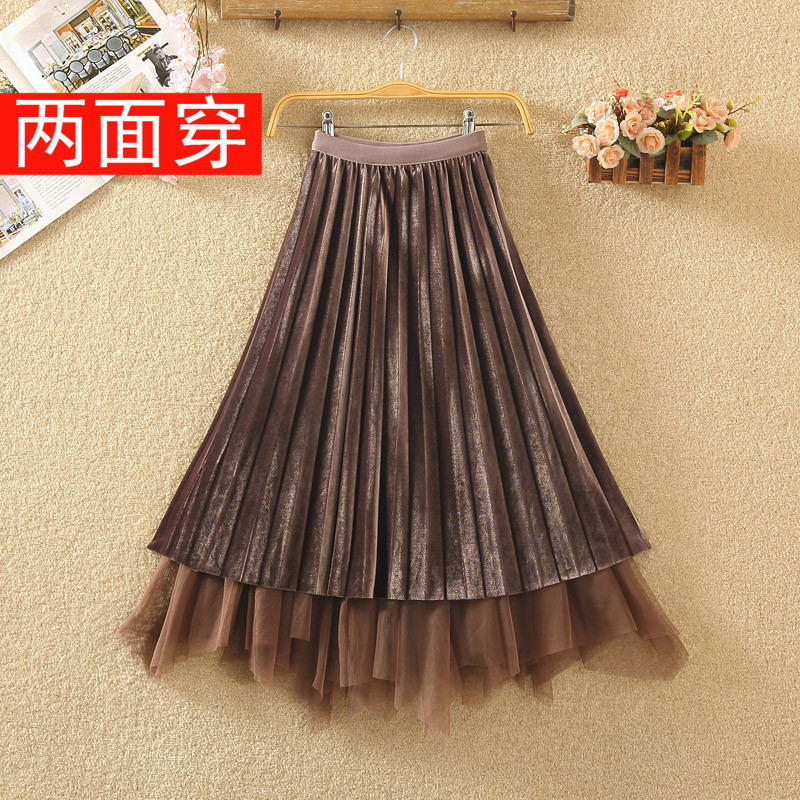 

Women's skirt with irregular mesh and gold velvet skirt on both sides, See chart