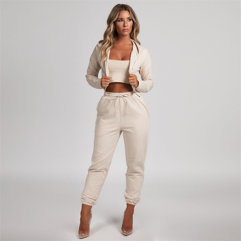 

Women Summer Autumn Two Pieces Set Sport Hoodie Top and Pant Women Tracksuit Set Elastic Waist Leisure Women Outfits, Apricot