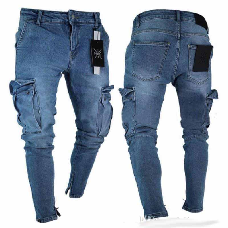 

Brand New Mens Jeans Distressed Ripped Biker Jeans Slim Fit Motorcycle Biker Denim Jeans Fashion Designer Pants, Nostalgic blue