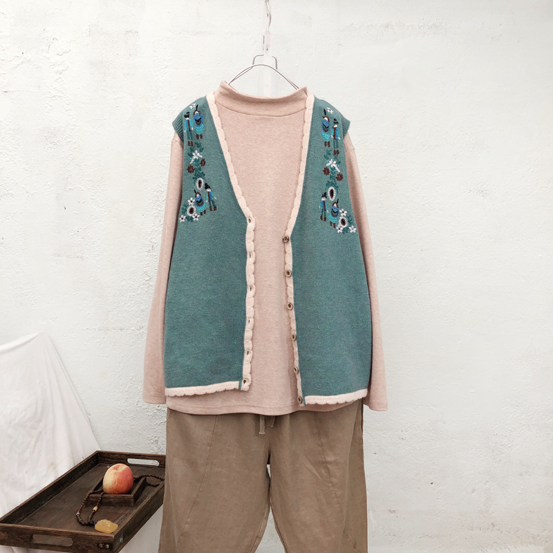 

Johnature Vintage Women Clothes 2019 New Autumn Women Knitted Vest Single Breasted V-neck Solid Color Loose Vest, Brown