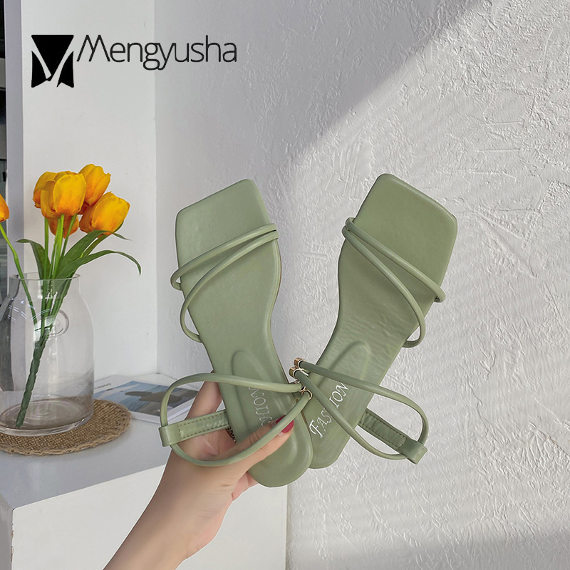 

Rome Narrow band open toe solid slingback pu gladiator sandals women chunky low heels shoes woman skirt slip on sandalias 2020, Beige