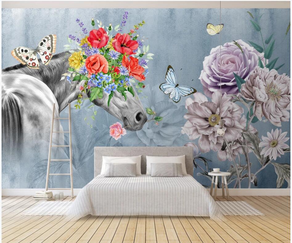

custom photo 3d wallpaper European modern art horse flowers background home decor living room 3d wall murals wallpaper for walls 3 d, Non-woven wallpaper
