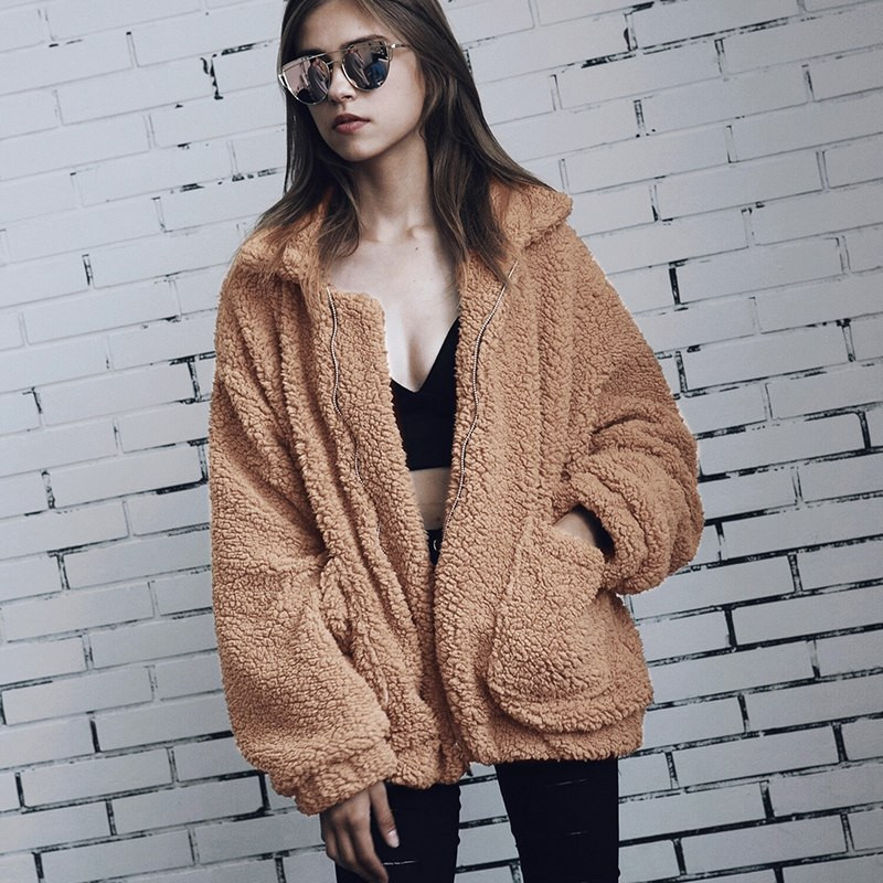 

2019 Autumn Winter Elegant Faux Fur Coat Casual Long Sleeve Pocket Zipper Fleece Jacket Women Tops Fashion Teddy Coat Plus Size, White