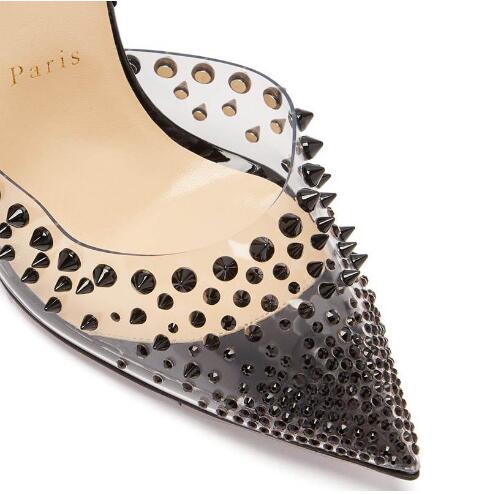 

Hot Sale new women's red stilettos, transparent rivet dress shoes, stylish sexy black ribbon wrap around the feet, party sandals and wedding