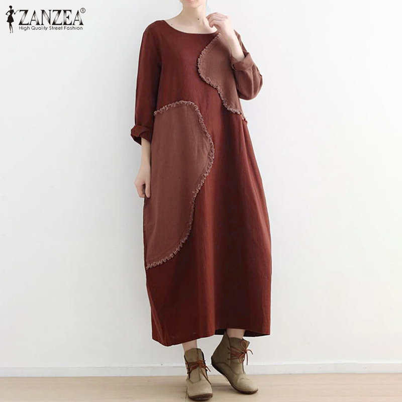 

2020 ZANZEA Spring Patchwork Dress Vintage Casual O Neck Long Sundress Women Long Sleeve Cotton Vestido Female Robe Tunic Kaftan, Army green