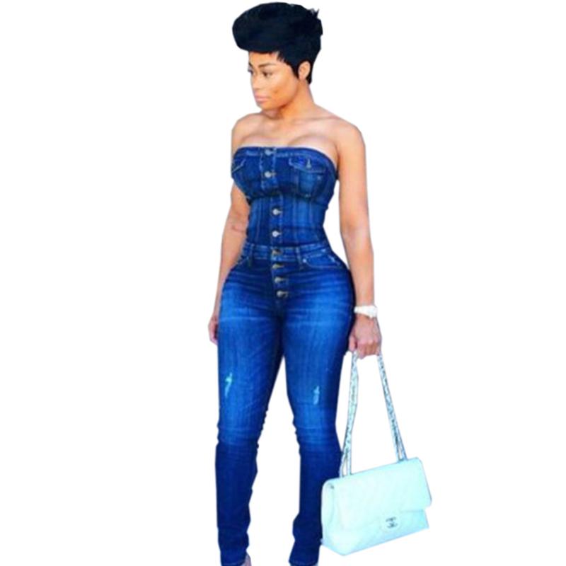 

Skinny Female Denim Jumpsuit High Quality Button Hole Strapless Catsuit Fashion Woman Bodycon Sexy Club Partywear, Blue