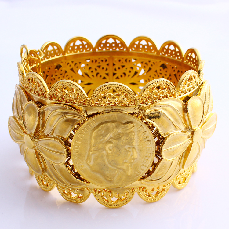 

70mm Ethiopian Coin Fashion Big Wide Bangle CARVE 22K THAI BAHT SOLID Gold GF Dubai Copper Jewelry Eritrea Bracelet Accessories