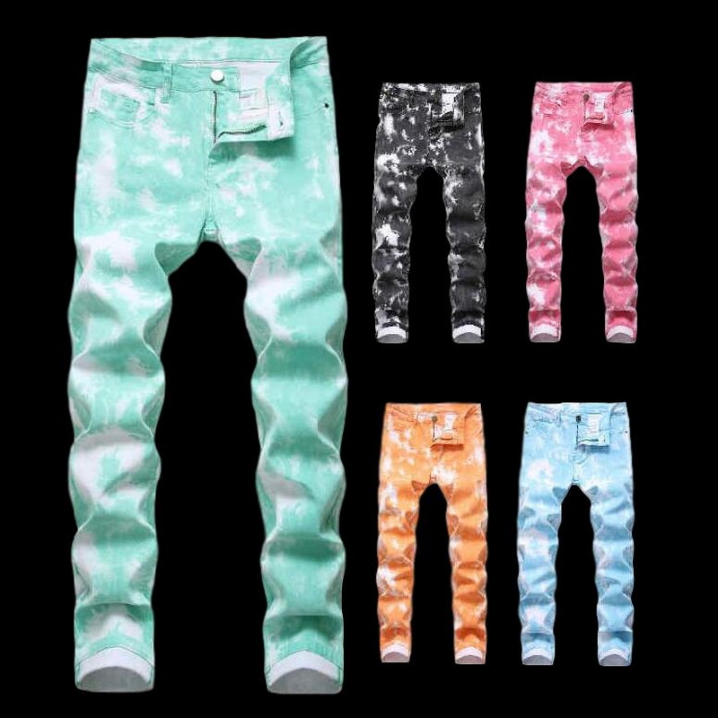

2020 Men's Streetwear Hip Hop Simple Printed Jeans Painted Stretch Male Denim Pants Slim-fit Color-print Stretch Jeans, Pink