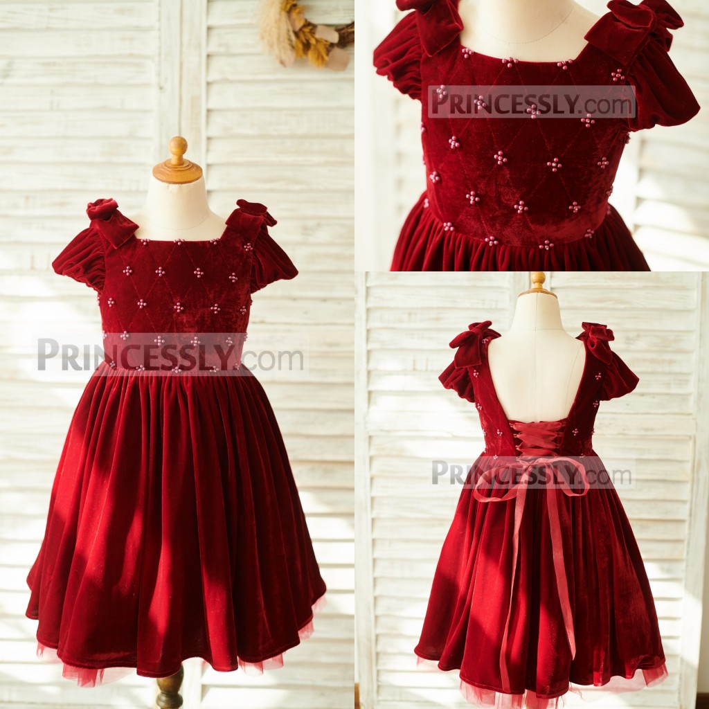 

Red Lovely A Line Flower Girl Dress Jewel Neck Square Short Pearls Wedding Dress Tea Length Girl's Birthday Part, Green